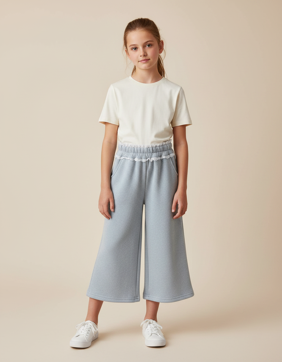 Pantalon Gris Ample Décontracté Dentelle Fille - Molleton