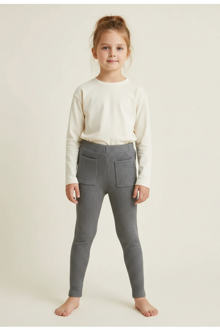 Pantalon Gris Côtelé Enfant Décontracté Poches - Maille