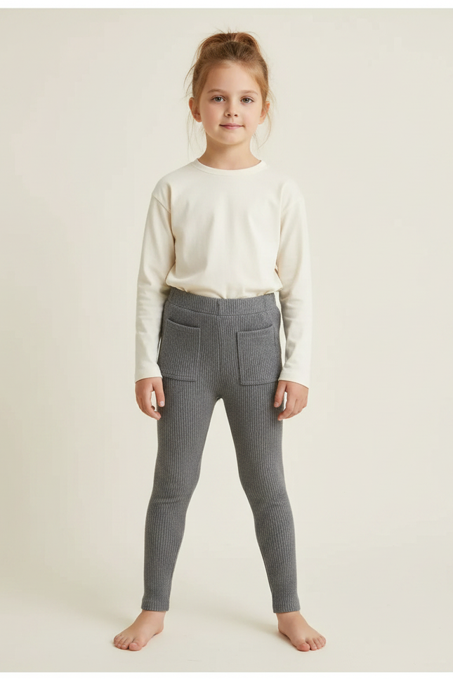Pantalon Gris Côtelé Enfant Décontracté Poches - Maille