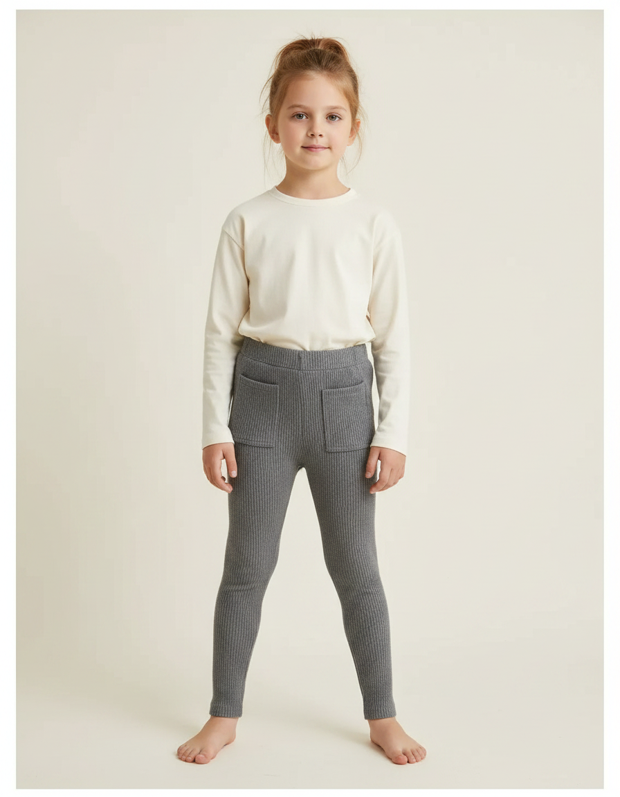 Pantalon Gris Côtelé Enfant Décontracté Poches - Maille