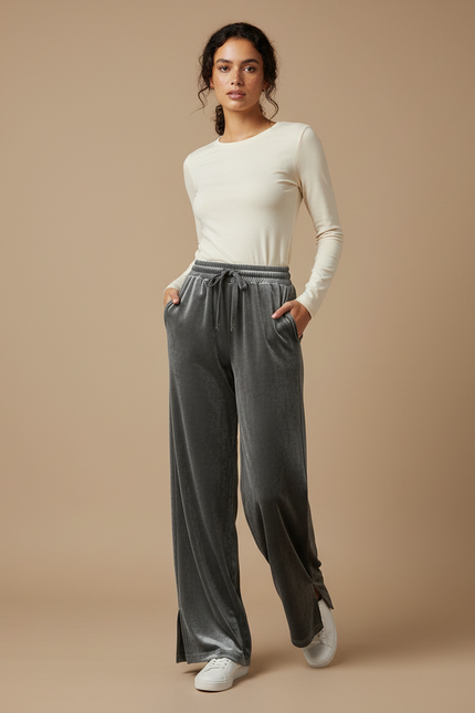 Pantalon Gris Velours Ample Décontracté Femme