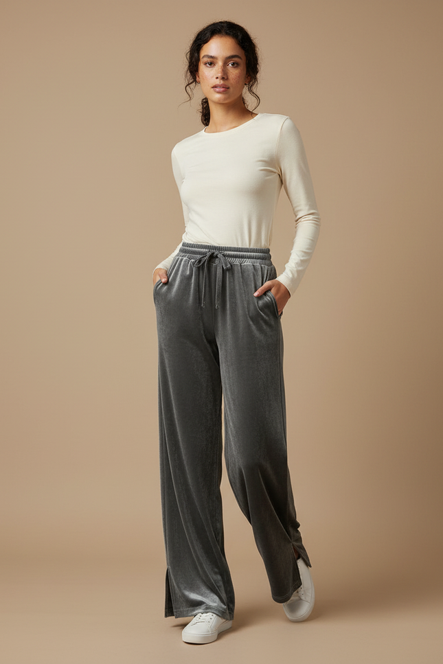 Pantalon Gris Velours Ample Décontracté Femme