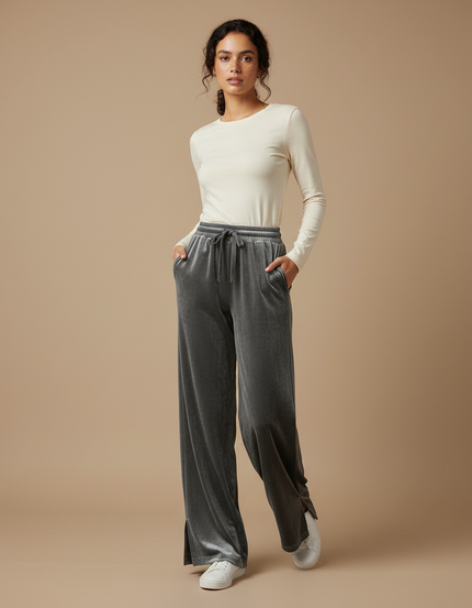 Pantalon Gris Velours Ample Décontracté Femme