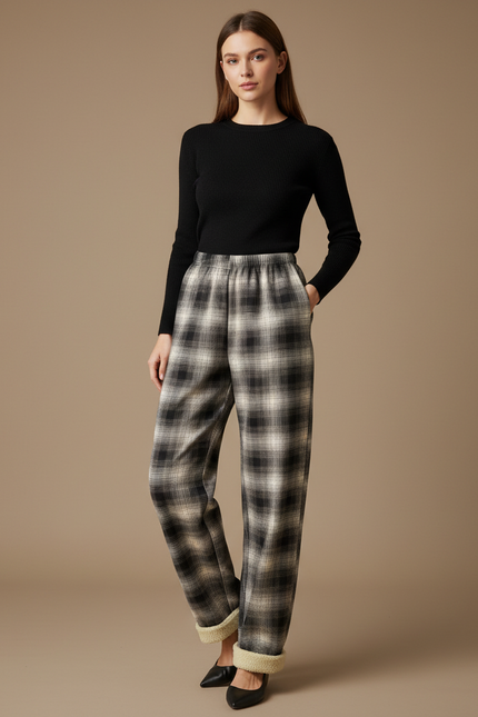 Pantalon Gris Plaid Molletonné Confortable Femme