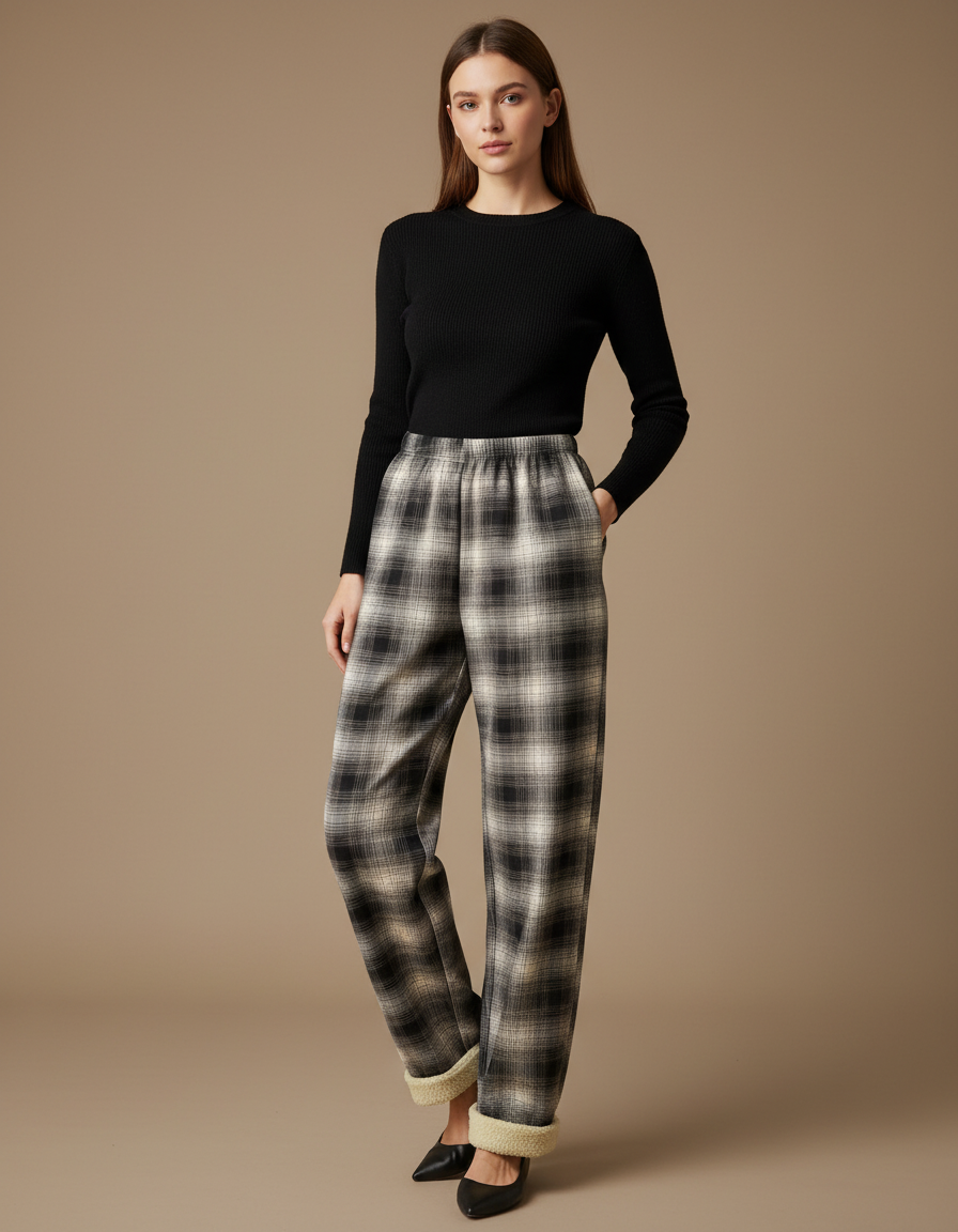 Pantalon Gris Plaid Molletonné Confortable Femme