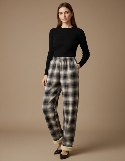 Pantalon Gris Plaid Molletonné Confortable Femme