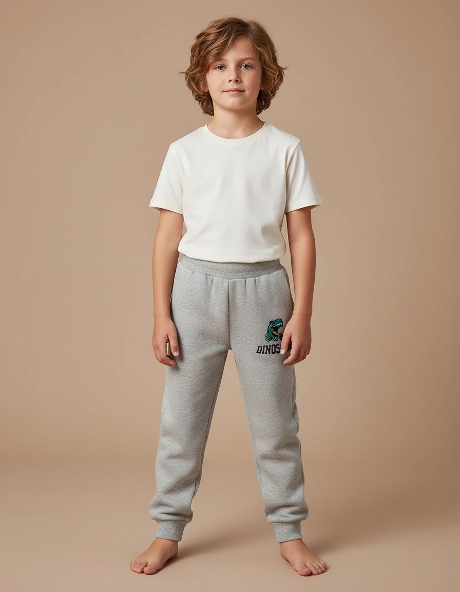 Pantalon Gris Molletonné Confortable Imprimé Dinosaure Enfant