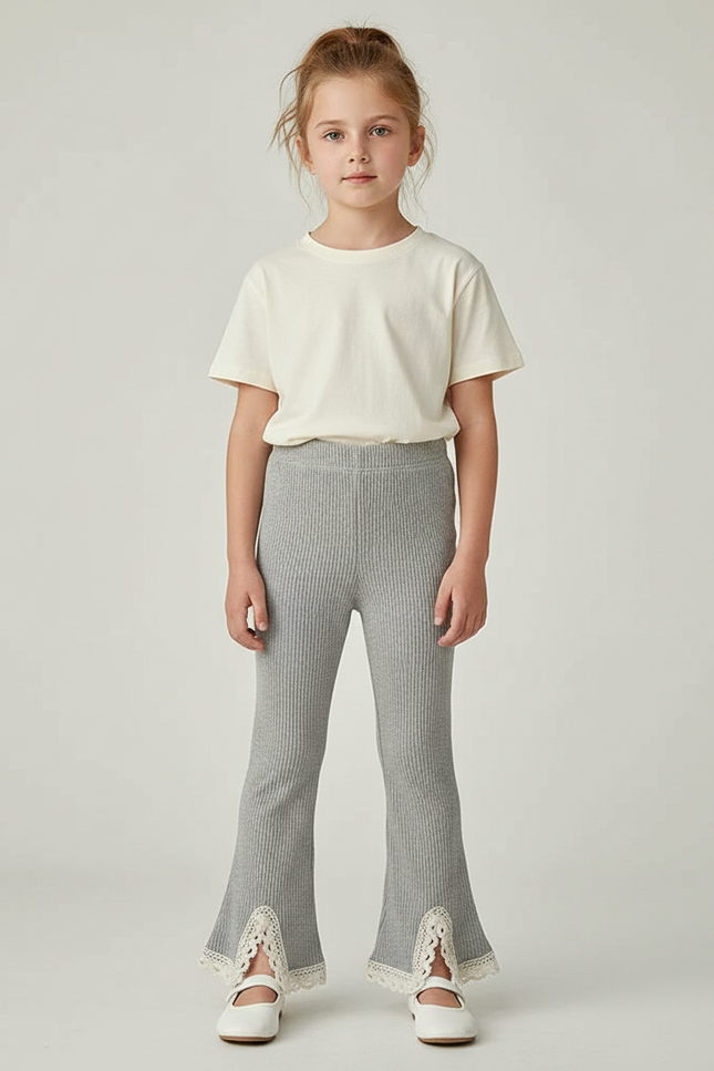 Pantalon Gris Côtelé Évasé Dentelle Fille - Maille