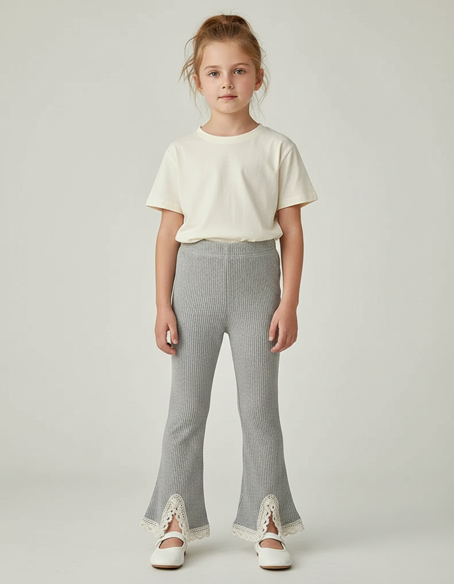 Pantalon Gris Côtelé Évasé Dentelle Fille - Maille