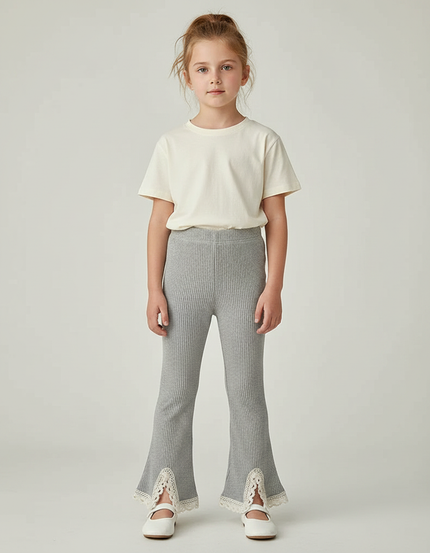 Pantalon Gris Côtelé Évasé Dentelle Fille - Maille