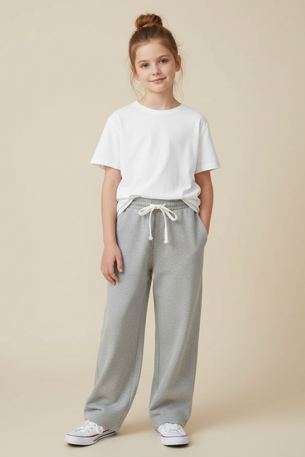 Pantalon Gris Molletonné Ample Décontracté Confortable Fille