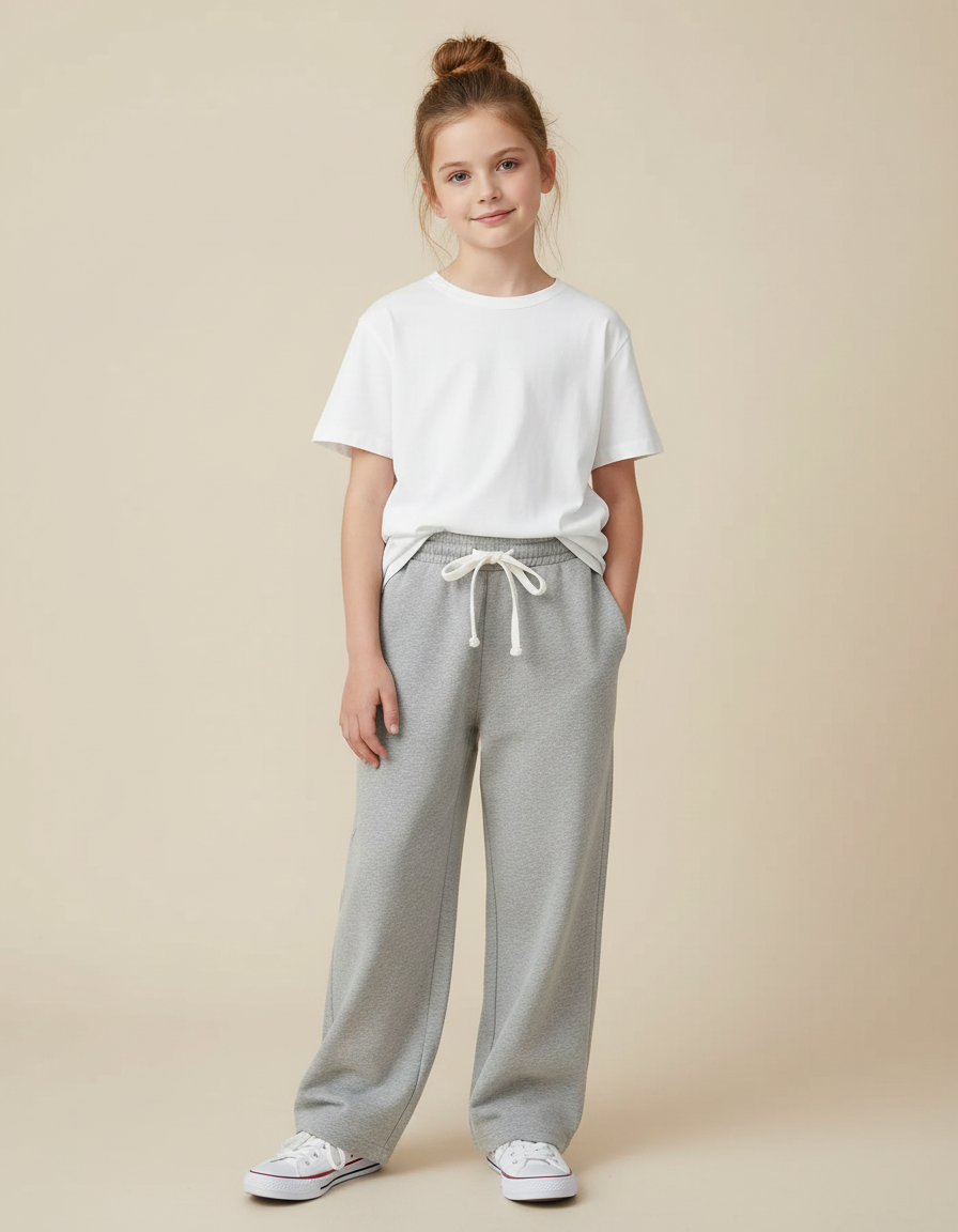 Pantalon Gris Molletonné Ample Décontracté Confortable Fille