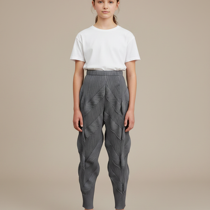 Pantalon Gris Plissé Fluide Décontracté Femme - Polyester