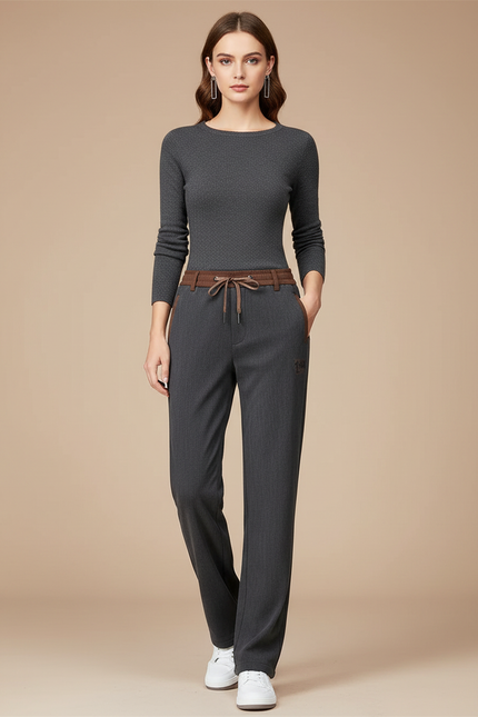 Pantalon Gris Droit Décontracté Ceinture Cordon Femme - Gabardine
