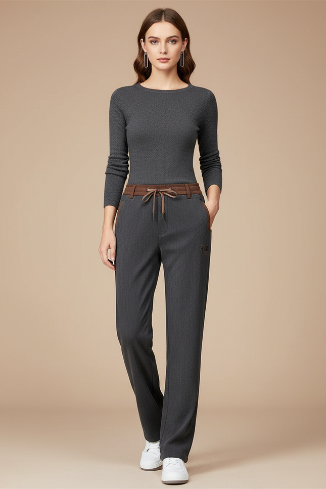 Pantalon Gris Droit Décontracté Ceinture Cordon Femme - Gabardine