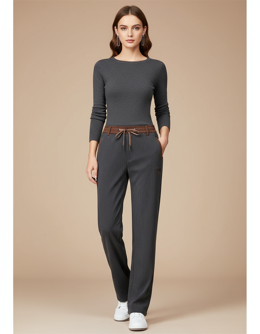 Pantalon Gris Droit Décontracté Ceinture Cordon Femme - Gabardine