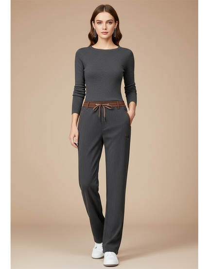 Pantalon Gris Droit Décontracté Ceinture Cordon Femme - Gabardine