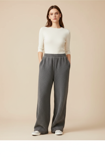 Pantalon Gris Molletonné Ample Décontracté Confortable Femme
