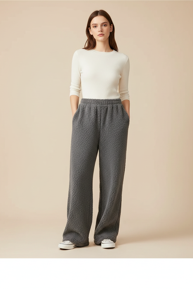 Pantalon Gris Molletonné Ample Décontracté Confortable Femme