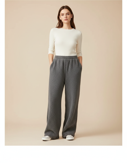 Pantalon Gris Molletonné Ample Décontracté Confortable Femme