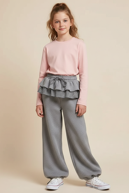 Pantalon Gris Ample Molletonné Volants Fille