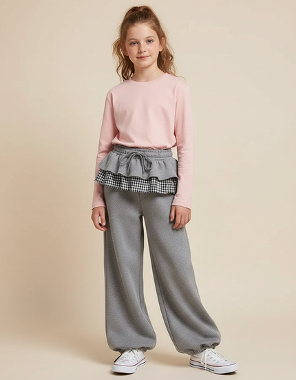 Pantalon Gris Ample Molletonné Volants Fille