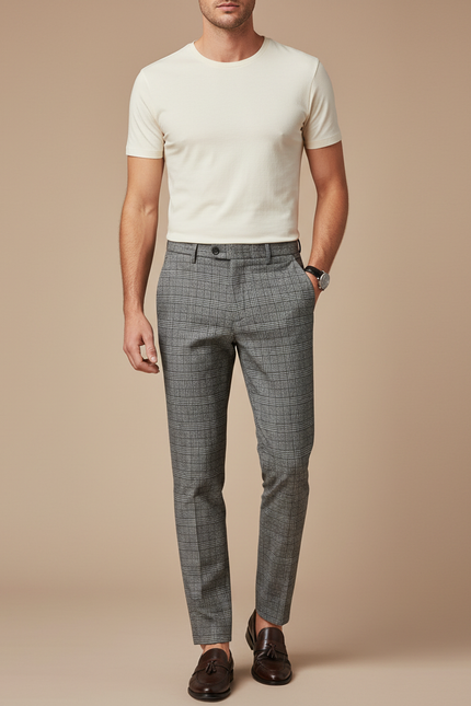 Pantalon Gris À Carreaux Coupe Slim Élégant - Laine