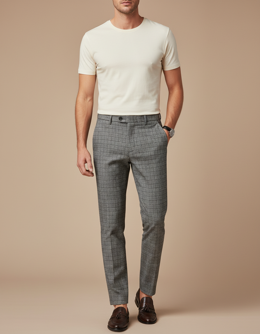 Pantalon Gris À Carreaux Coupe Slim Élégant - Laine