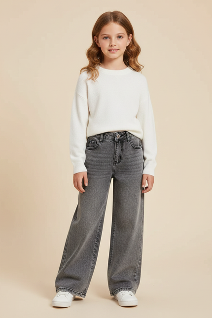 Pantalon Gris Large Denim Fille Décontracté Ample - Jean
