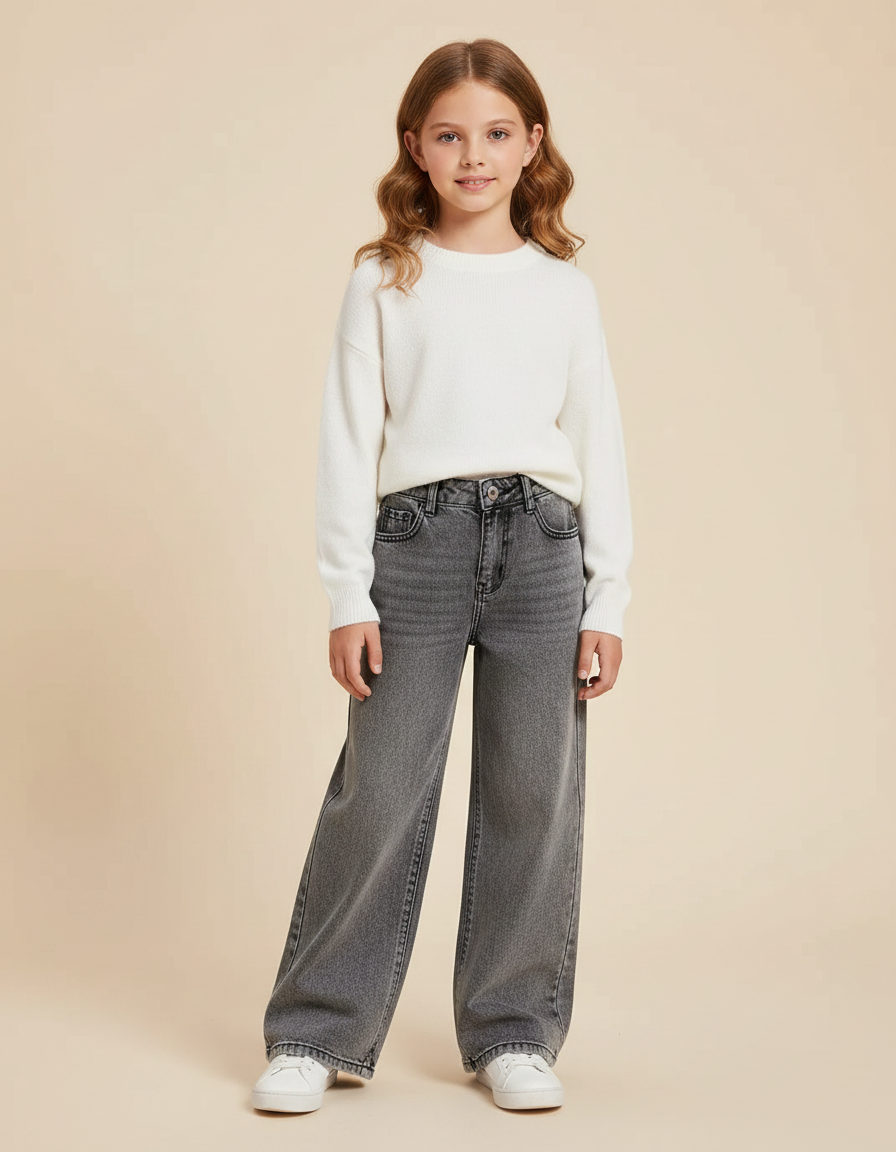 Pantalon Gris Large Denim Fille Décontracté Ample - Jean