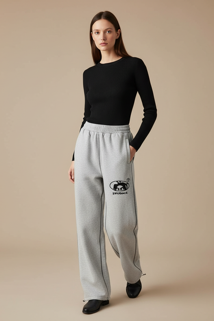 Pantalon Gris Ample Décontracté Molletonné Logo Femme