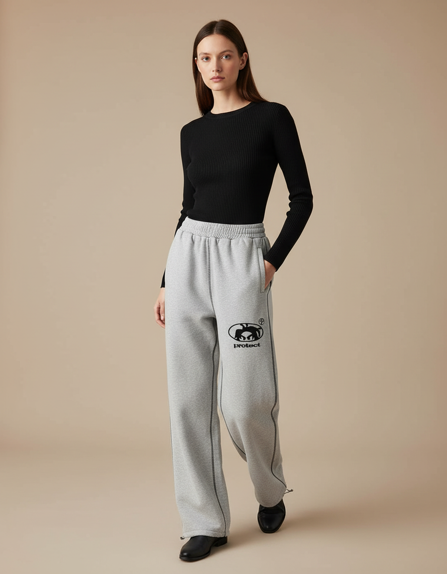 Pantalon Gris Ample Décontracté Molletonné Logo Femme