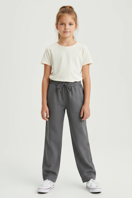 Pantalon Gris Coton Lin Ample Décontracté Enfant