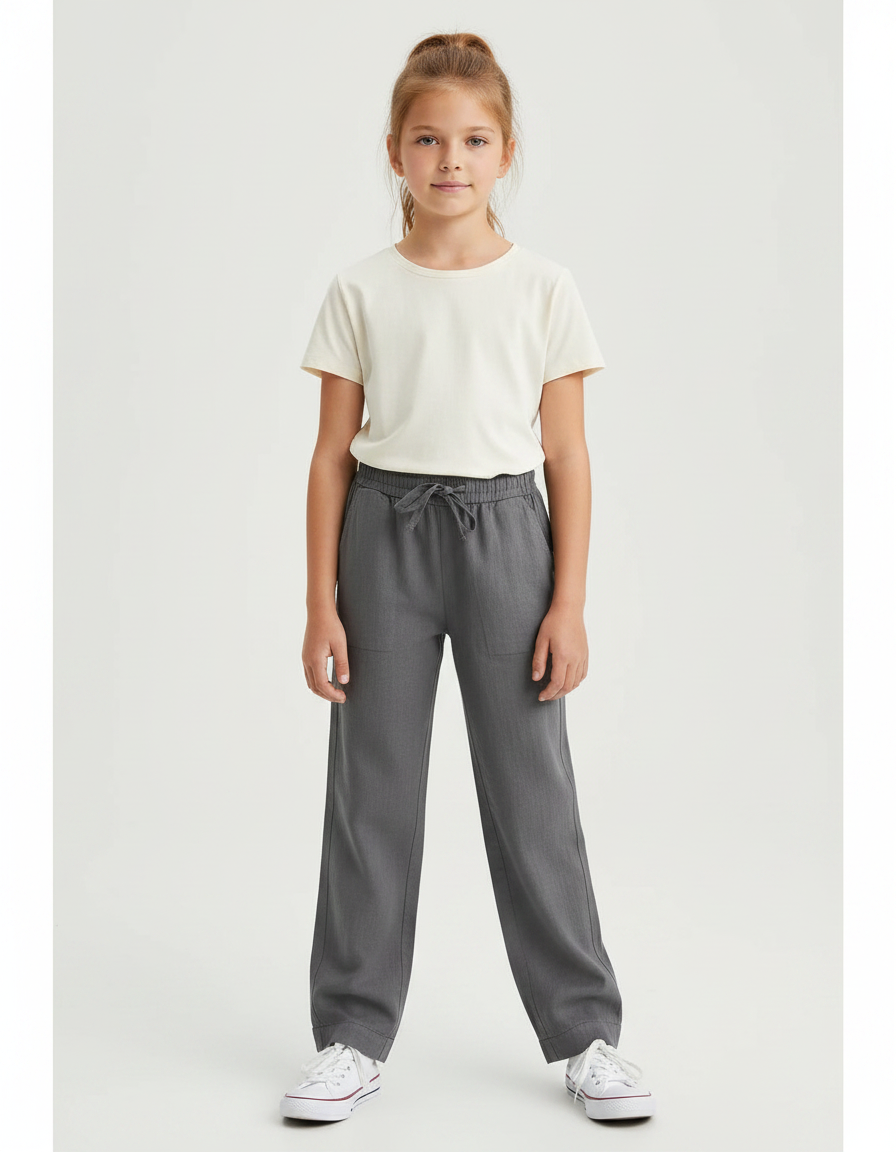 Pantalon Gris Coton Lin Ample Décontracté Enfant
