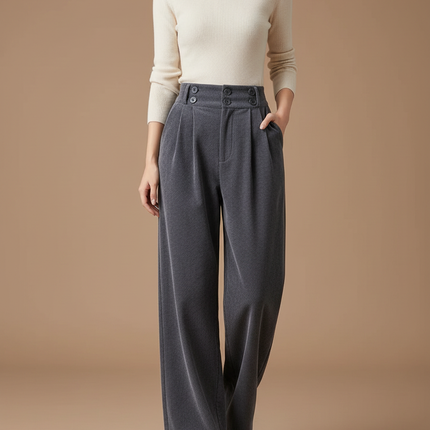 Pantalon Gris Côtelé Large Taille Haute Femme - Cordé