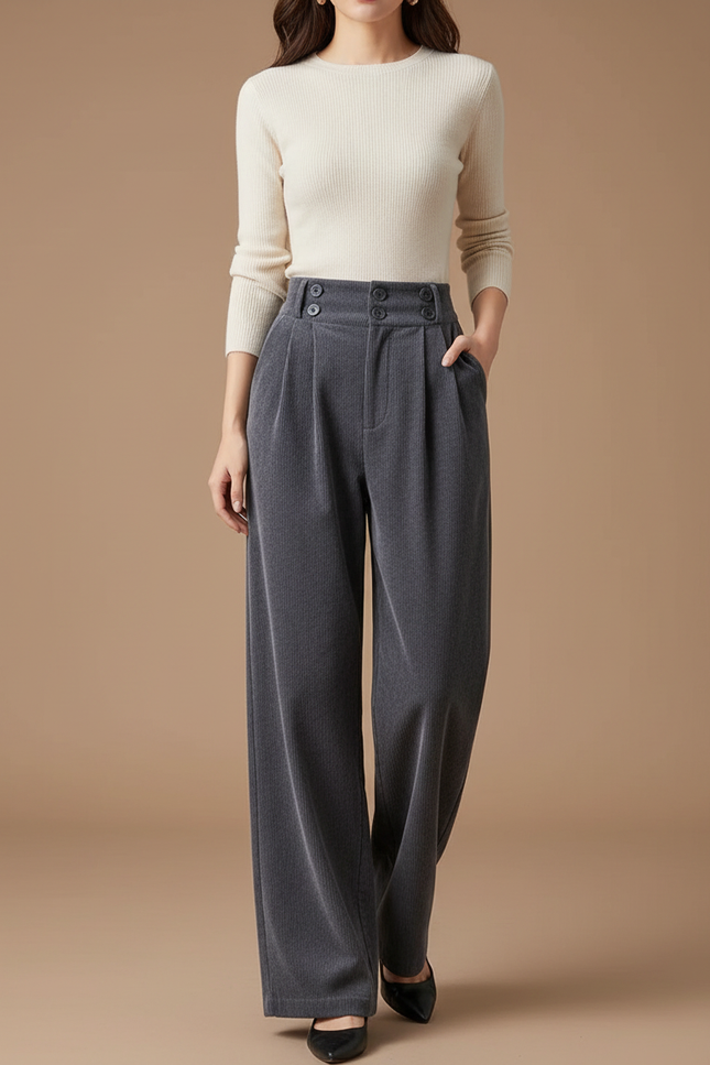 Pantalon Gris Côtelé Large Taille Haute Femme - Cordé