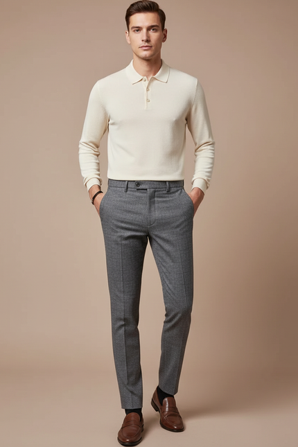 Pantalon Gris Slim Carreaux Discrets Habillé Homme - Laine