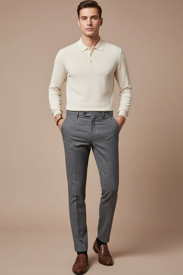 Pantalon Gris Slim Carreaux Discrets Habillé Homme - Laine