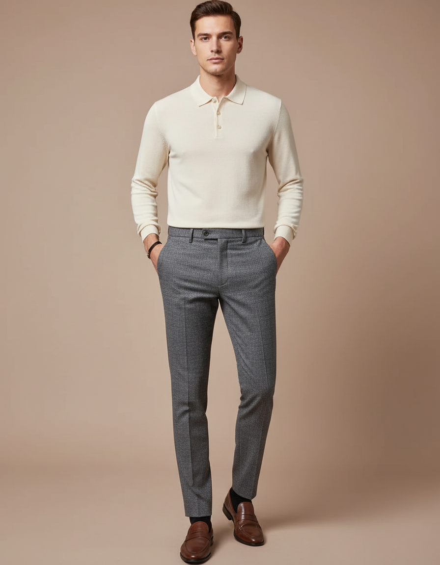Pantalon Gris Slim Carreaux Discrets Habillé Homme - Laine