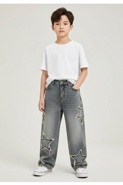 Pantalon Gris Denim Ample Étoiles Déchiré Garçon - Jean