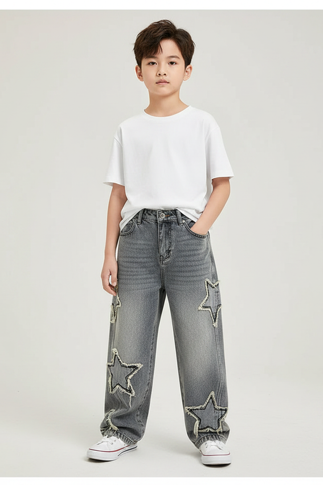 Pantalon Gris Denim Ample Étoiles Déchiré Garçon - Jean