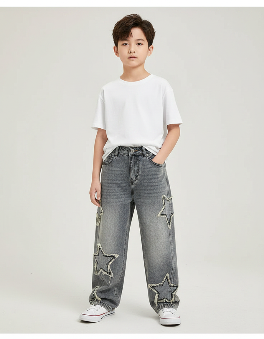 Pantalon Gris Denim Ample Étoiles Déchiré Garçon - Jean