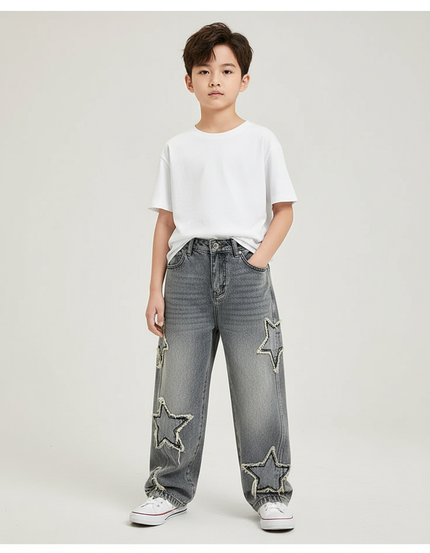 Pantalon Gris Denim Ample Étoiles Déchiré Garçon - Jean