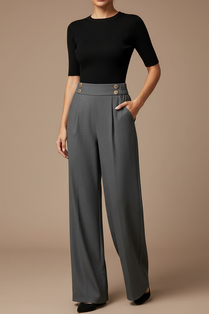 Pantalon Gris Ample Taille Haute Boutons Plissé - Gabardine