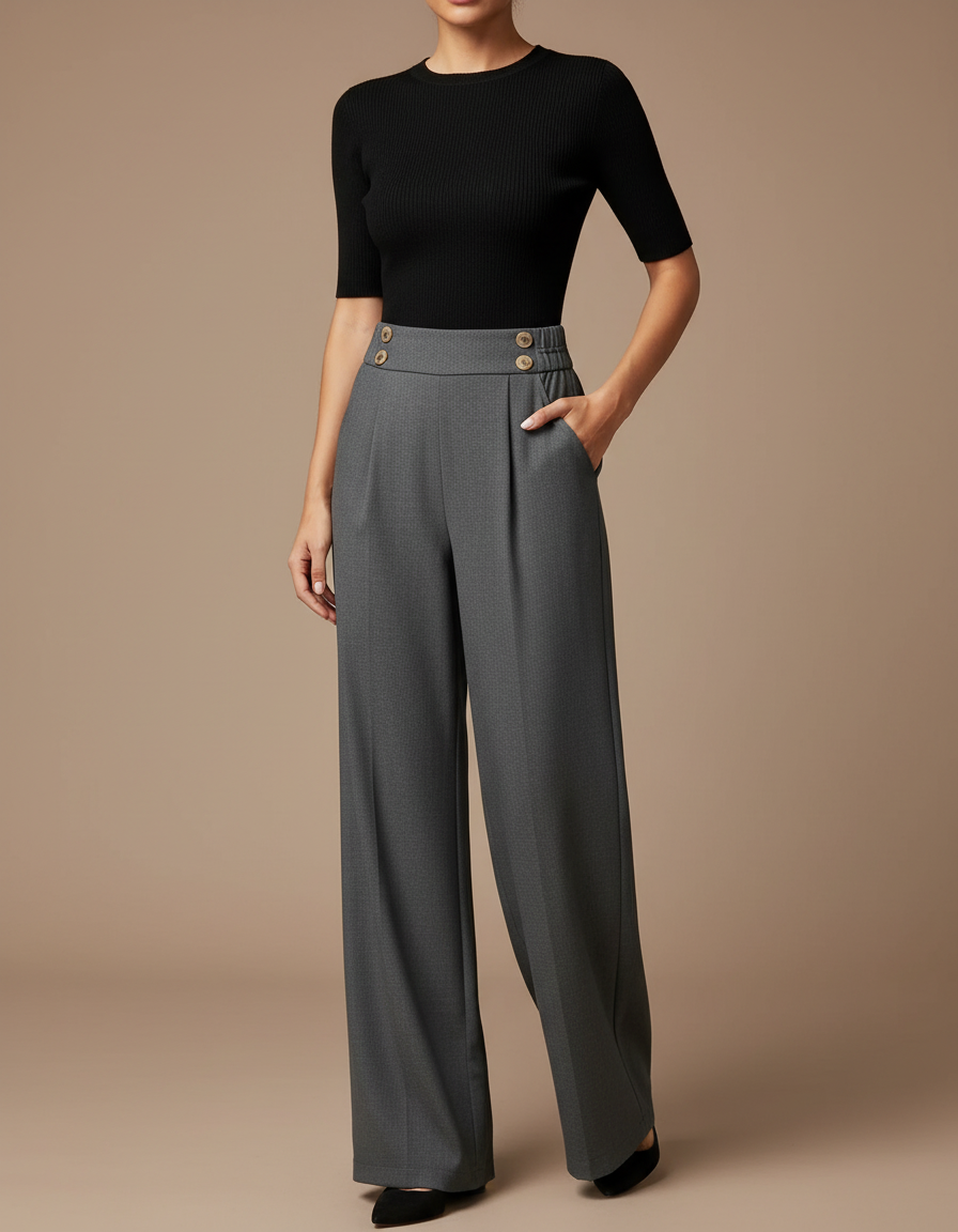 Pantalon Gris Ample Taille Haute Boutons Plissé - Gabardine