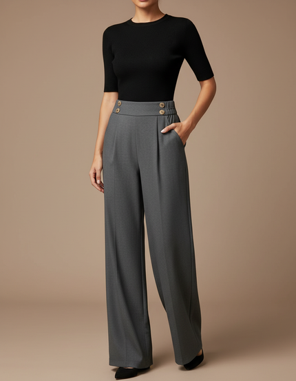 Pantalon Gris Ample Taille Haute Boutons Plissé - Gabardine