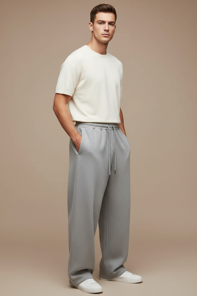 Pantalon Gris Molletonné Ample Cordon Décontracté