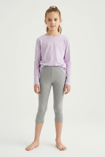Pantalon Gris Fille Coton Court Uni