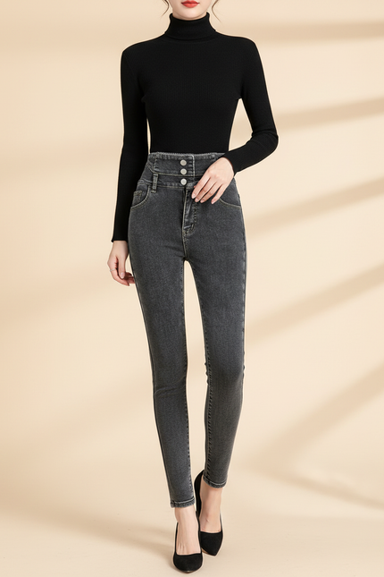 Pantalon Gris Skinny Taille Haute Boutons Femme - Jean
