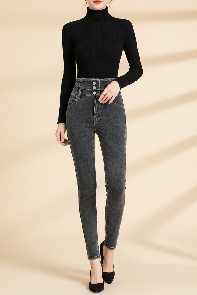 Pantalon Gris Skinny Taille Haute Boutons Femme - Jean